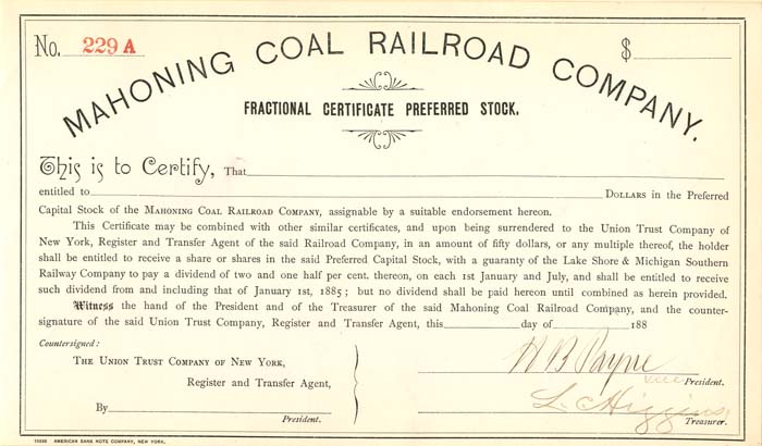 Mahoning Coal Railroad Co. signed by H.B. Payne - Stock Certificate